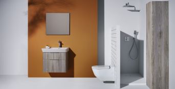 Washbasin and vanity unit, tall unit and wall hung WC. 