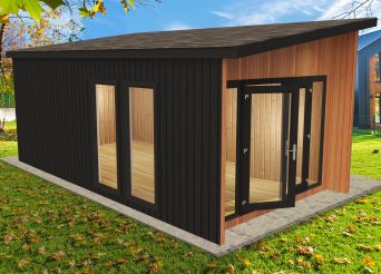 Our Roxburgh Studio has a distinctive sloping high roof in addition to French doors, glazed side panels and multiple windows. A really bright and spacious option.