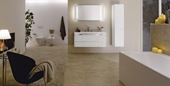 Washbasin with vanity and towel rail with tall unit. 