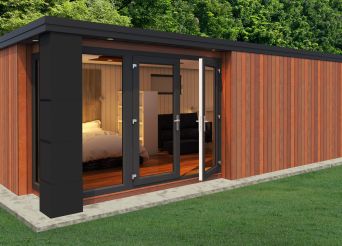 The Tantallon garden room comes with French doors, glazed side panels, windows and Tricoya corner detailing.